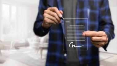 Dijital belge çevrimiçi Elektronik imza, belge yönetimi kağıtsız ofis E imzası, iş sözleşmesi konsepti Sanal Teknoloji Artırılmış Gerçeklik veya Sanal Gerçeklik