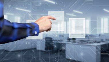 Dijital belge çevrimiçi Elektronik imza, belge yönetimi kağıtsız ofis E imzası, iş sözleşmesi konsepti Sanal Teknoloji Artırılmış Gerçeklik veya Sanal Gerçeklik