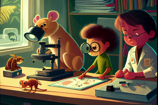 Children\'s cartoons doing animal research in the science room National Science Day