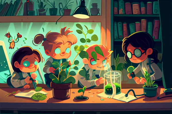 cartoon children doing experiments researching plant species In the science room