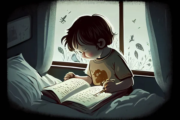 cartoon child reading a book on the bed World Book Day loves to read