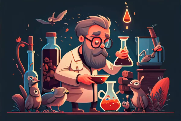 cartoon scientist experimenting animal research National Science Day