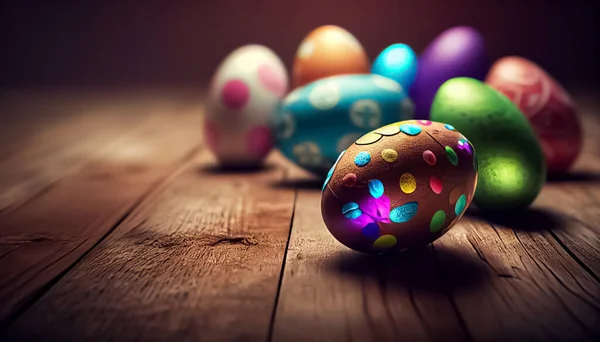 Easter eggs laying on wooden floor, blurred background, realistic