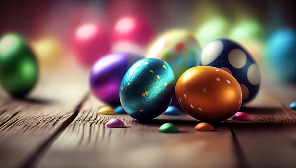 Easter eggs laying on wooden floor, blurred background, realistic