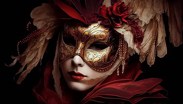 Beautiful dark model woman wearing a pink venetian masquerade mask with  black background makes eye contact. Cosplay, Venetian mask. Mardi Gras Mask,  AI generative Stock Illustration