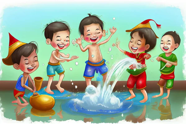 cartoon children splashing water on songkran festival thai tradition