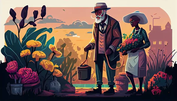 Black old man with briefcase and woman watering flowers in garden Earth Day the importance of loving nature