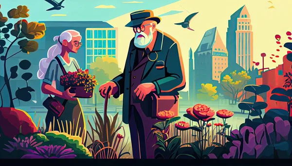 Black old man with briefcase and woman watering flowers in garden Earth Day the importance of loving nature