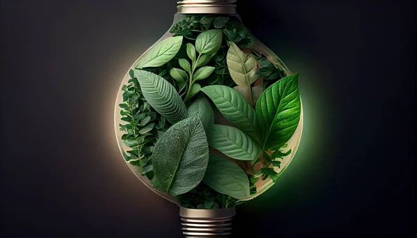 Green eco friendly lightbulb from fresh leaves top view, concept of Renewable Energy and Sustainable Living Earth Day the importance of loving nature
