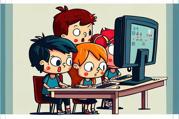 student cartoon Studying in front of the computer in the classroom 002 Teachers Day and the importance of educators