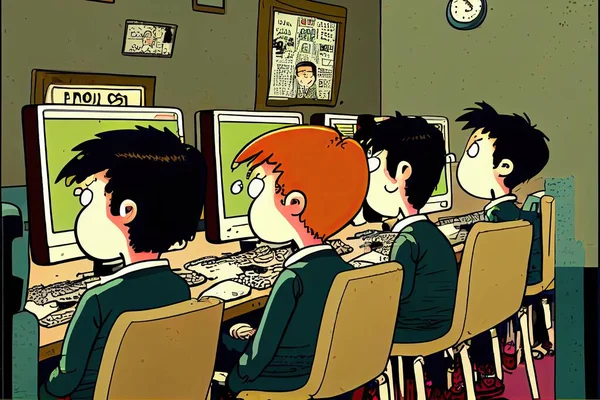 student cartoon Studying in front of the computer in the classroom 002 Teachers Day and the importance of educators
