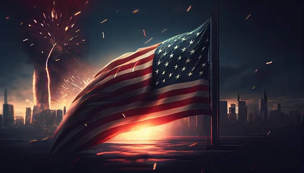 american flag waving in the air with fireworks and night scene view. fourth of july concept Independence Day time for revolution! July 4th
