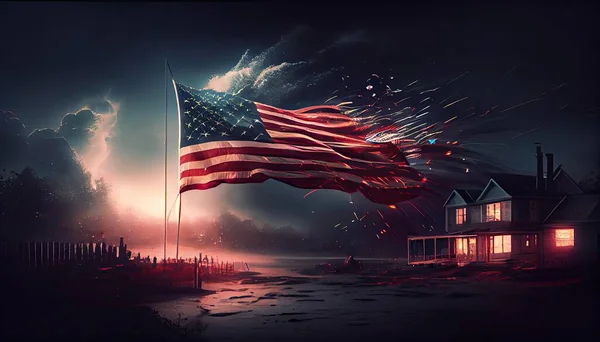 american flag waving in the air with fireworks and night scene view. fourth of july concept Independence Day time for revolution! July 4th