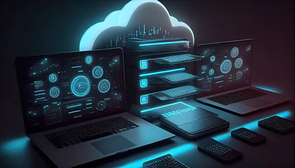 Cloud technology computing Devices connected to digital storage in the data center via the Internet IOT Smart Home Communication laptop tablet phone home devices with an online