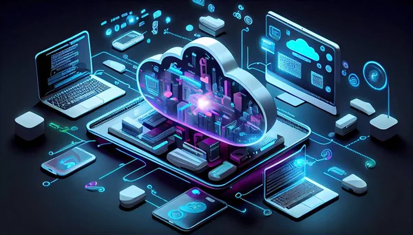 Cloud technology computing Devices connected to digital storage in the data center via the Internet IOT Smart Home Communication laptop tablet phone home devices with an online