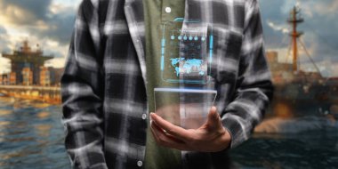 Ticari lojistik ithalat ihracat ve ulaştırma sektörü Ulaştırma ve lojistik ağ büyümesi. Konteynır kargo gemisi ve nakliye için endüstriyel kargo kamyonu.