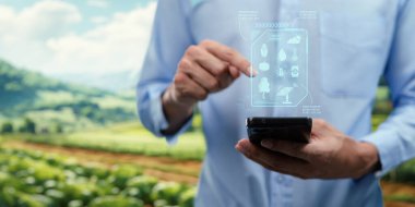 UI hologram tarımı ve modern teknoloji çiftçisi akıllı tarım teknolojilerini yapay zeka kullanarak kullanıyor.