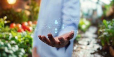 UI hologram tarımı ve modern teknoloji çiftçisi akıllı tarım teknolojilerini yapay zeka kullanarak kullanıyor.