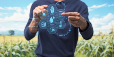 UI hologram tarımı ve modern teknoloji çiftçisi akıllı tarım teknolojilerini yapay zeka kullanarak kullanıyor.