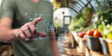 Akıllı Çiftlik UI hologram sistem kontrolü, bakım, büyüme bilgisini gösterme besin maddeleri, gübreler, su, ağaçların, bitkilerin ve sebzelerin zararlı böcekleri, tarımda teknoloji kullanın.