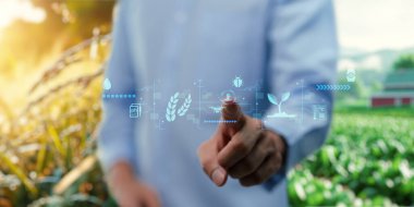 UI hologram tarımı ve modern teknoloji çiftçisi akıllı tarım teknolojilerini yapay zeka kullanarak kullanıyor.
