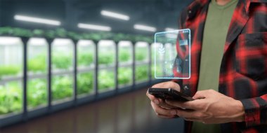 UI hologram tarımı ve modern teknoloji çiftçisi akıllı tarım teknolojilerini yapay zeka kullanarak kullanıyor.