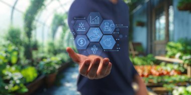 Akıllı Çiftlik UI hologram sistem kontrolü, bakım, büyüme bilgisini gösterme besin maddeleri, gübreler, su, ağaçların, bitkilerin ve sebzelerin zararlı böcekleri, tarımda teknoloji kullanın.