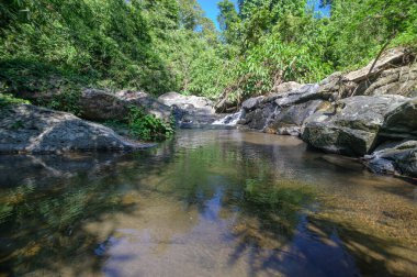 Berrak su içeren, yemyeşil ve kayalarla çevrili, güneş ışığını yansıtan sakin bir nehir manzarası. Doğada barış ve sükunet sağlamak için ideal..