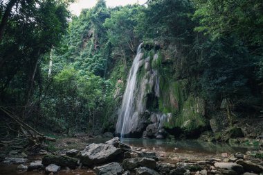 A stunning waterfall cascades over mossy rocks, surrounded by lush greenery. The tranquil scene captures the beauty of nature, inviting exploration and adventure. clipart