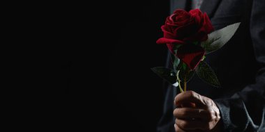 Tek bir kırmızı gülün çarpıcı görüntüsü, elinde, koyu bir arkaplana karşı nazikçe tutulmuş. Bu görsel, aşk ve romantizm temaları için mükemmel güzellik ve duygunun özünü yakalar..