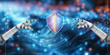 Dijital görüntü, yapay zeka, güvenlik ve yeniliğin teknoloji odaklı bir dünyada birleşmesini temsil eden bir kalkan kilit sembolünü gösteren robot elleri gösteriyor..
