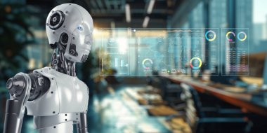 Modern ofis ortamında, veri işleme ve grafikleri analiz eden fütürist bir robot sistemi. Bu resim, iş verimliliğini ve sezgilerini geliştiren gelişmiş teknolojiyi gösteriyor..