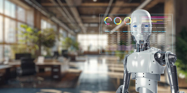 A modern robot system supports data analysis and visualization in a sleek workspace. The robot interfaces with digital elements to enhance efficiency and insight.