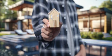 Bu resim, konut kiralama ve satma kavramını yakalıyor, kişinin sahip olduğu model evi, emlak temaları için ideal, zarif bir arka plana karşı sergiliyor..