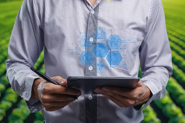 Bir çiftçi, tarım uygulamalarını geliştirmek için gelişmiş teknoloji ve dijital araçlar kullanır. Görüntü, ekinlerin izlenmesi ve verimlerin artırılması için tarımda yeniliğin bütünleşmesini gösteriyor.