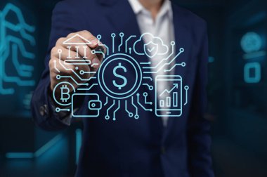 Dijital para ve teknolojinin sergilendiği modern bir finans temsilini keşfedin. Bu resim geleneksel bankacılık ve yenilikçi finansal çözümler arasındaki sinerjiyi vurgular.