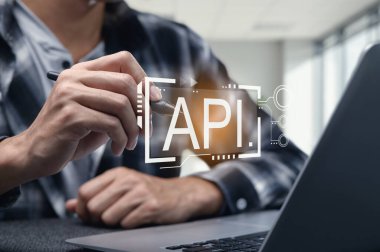 Bir programcı, modern yazılım geliştirme uygulamalarını işbirlikçi ve yenilikçi bir çalışma ortamında sergileyen bir dizüstü bilgisayarda API arayüzüne bağlanır..