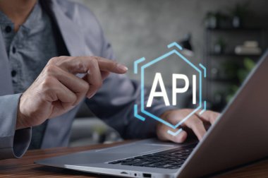 Profesyonel bir kullanıcı API arayüzü içeren bir dizüstü bilgisayarla etkileşime girer, yazılım geliştirme ve dijital çalışma alanında modern teknolojinin altını çizer.