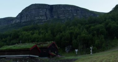 Norveç 'te yaz. Çimen çatılı kerestelerden ve taşlardan yapılmış eski evler. Seçici odak