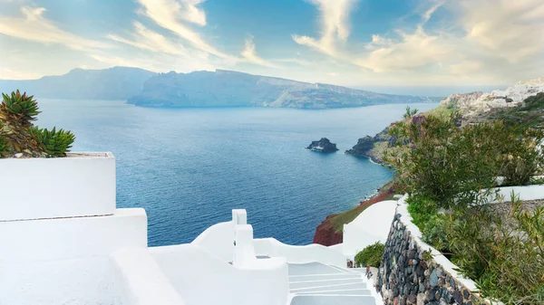 Arquitetura Branca Ilha Santorini Grécia Bela Paisagem Com Vista Para — Fotografia de Stock