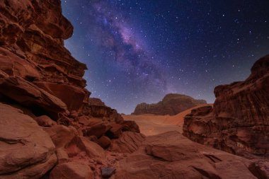 Wadi Rum Çölü 'nün görkemli manzarası, Ürdün, Ay Vadisi. Turuncu kum, Samanyolu gökyüzü. Uzay gece duvar kağıdını kopyala. Toprağın güzelliğini keşfet. Ulusal park açık hava manzarası