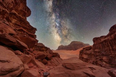 Wadi Rum Çölü 'nün görkemli manzarası, Ürdün, Ay Vadisi. Turuncu kum, Samanyolu gökyüzü. Uzay gece duvar kağıdını kopyala. Toprağın güzelliğini keşfet. Ulusal park açık hava manzarası