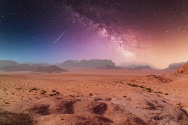 Wadi Rum Çölü 'nün görkemli manzarası, Ürdün, Ay Vadisi. Turuncu kum, Samanyolu gökyüzü. Uzay gece duvar kağıdını kopyala. Toprağın güzelliğini keşfet. Ulusal park açık hava manzarası.