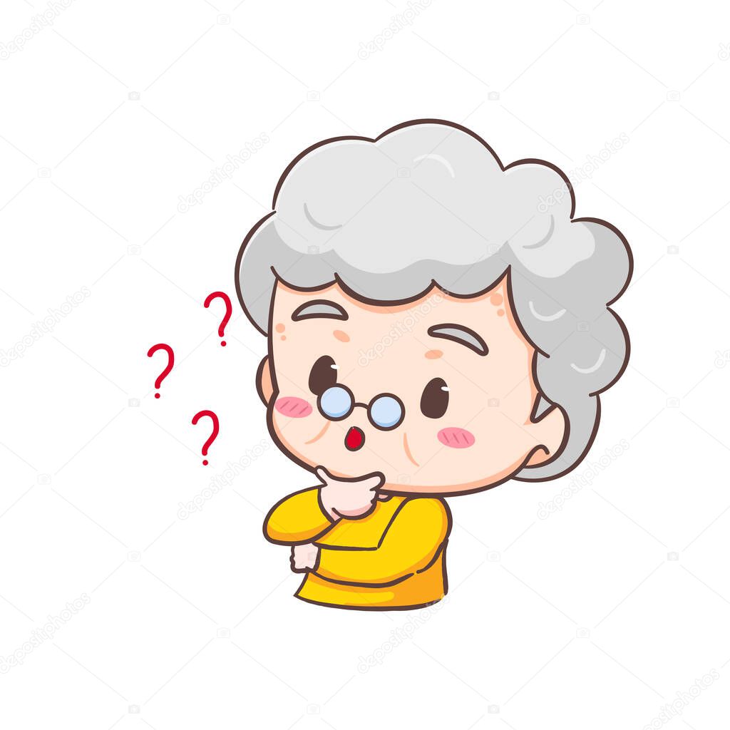 Cute Grand mother thinking of idea cartoon character. People expression concept design. Isolated background. Vector art illustration.