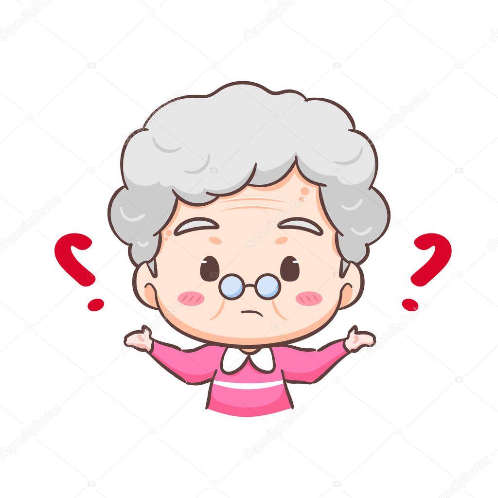 Cute grand mother confused with question mark cartoon character. People expression concept design. Isolated background. Vector art illustration.