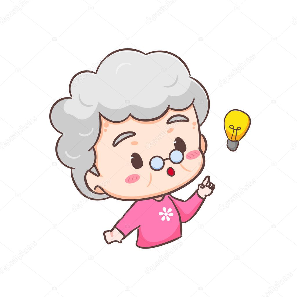 Cute Grand mother show idea with light bulb sign cartoon character. People expression concept design. Isolated background. Vector art illustration.