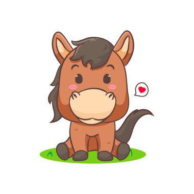 İzole edilmiş beyaz arka planda oturan sevimli kahverengi at çizgi filmi. Tapılası kawaii hayvan konsepti tasarım vektör çizimi