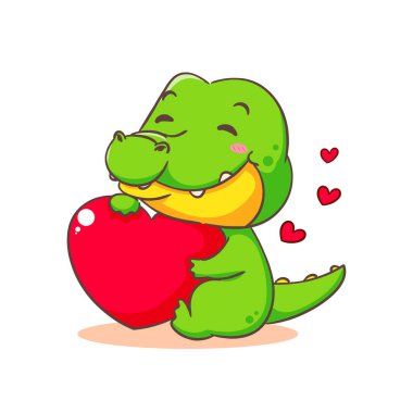 Tatlı timsah kucaklaması beyaz arka plan vektör illüstrasyonunda büyük aşk kalbi çizgi film karakteri. Komik Timsah Avcısı Yeşil Tapılası hayvan tasarımı.