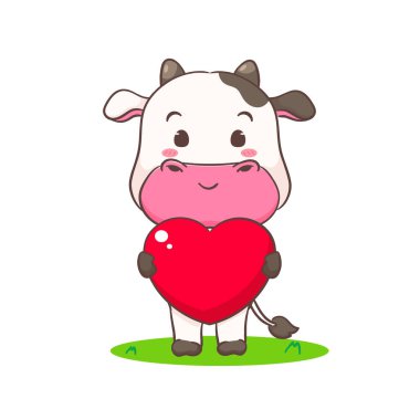 Sevimli inek sevgi dolu çizgi film karakteri. Sevimli hayvan konsepti tasarımı. İzole edilmiş beyaz arka plan. Vektör illüstrasyonu