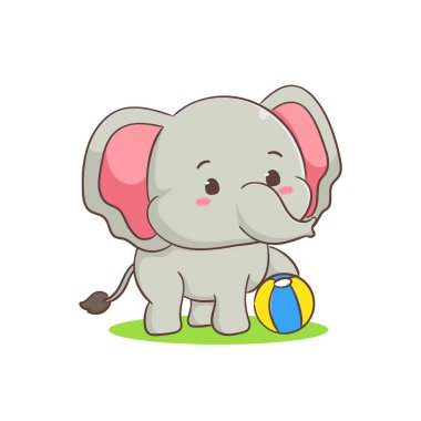 Top oynayan sevimli fil çizgi film karakteri. Sevimli hayvan konsepti düz tasarım. İzole edilmiş beyaz arka plan. Vektör sanatı illüstrasyonu.